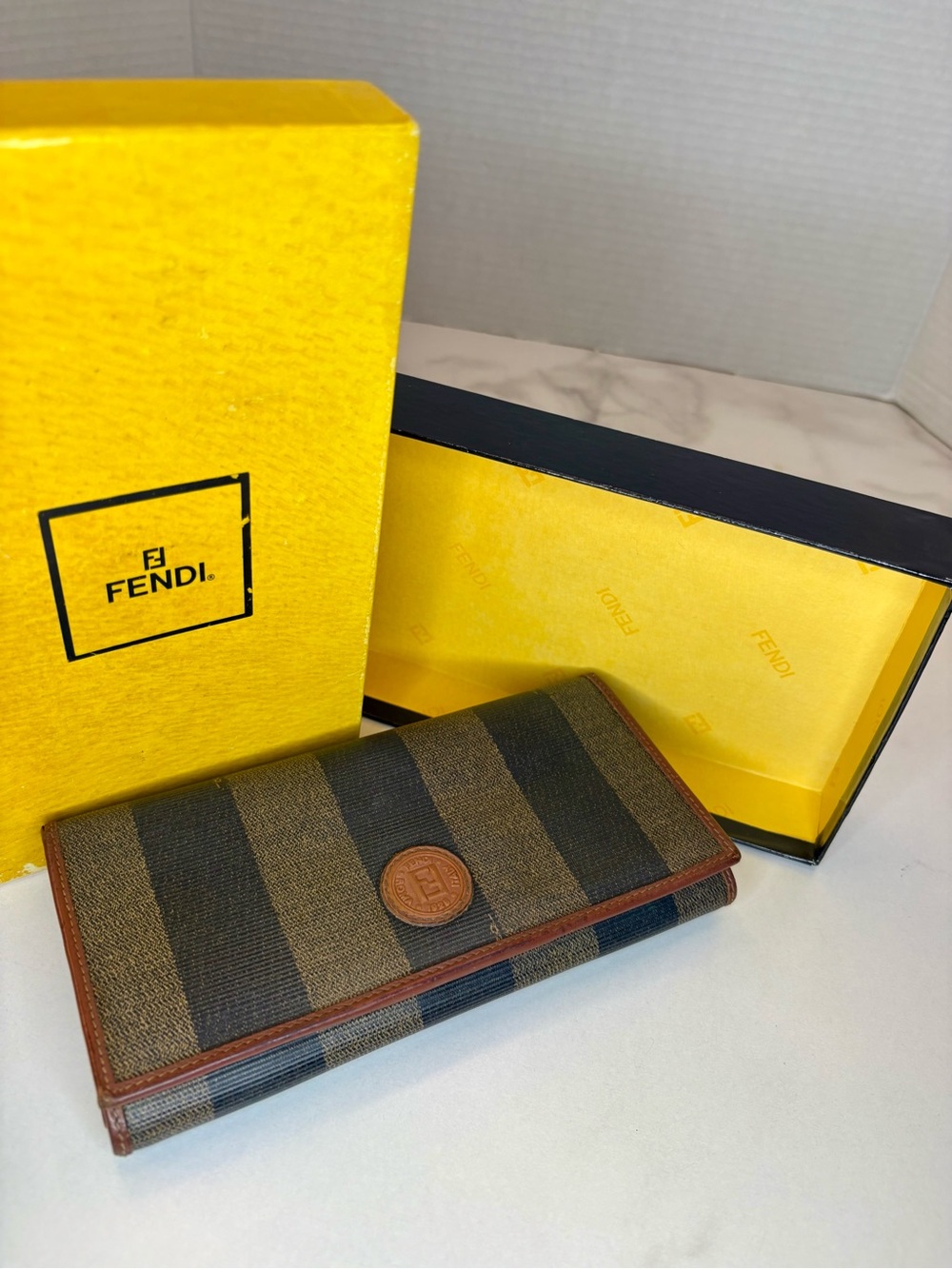 Fendi Vintage Pequin Striped Canvas & Leather Flap Wallet W/ Box